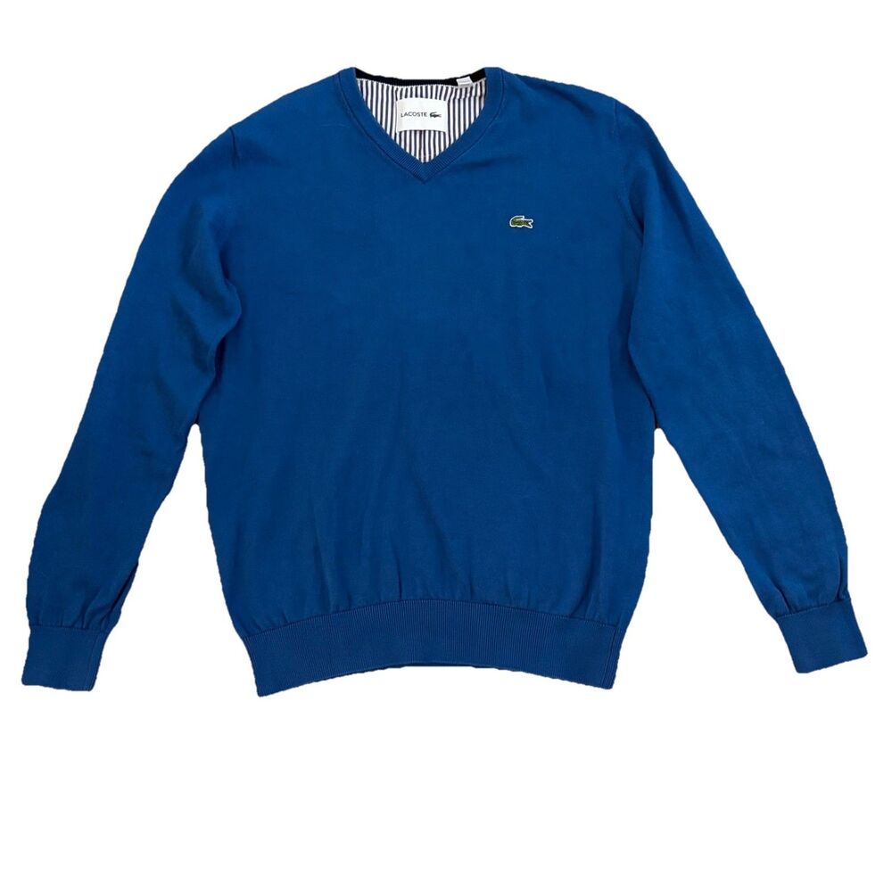 Lacoste Dark Blue V Neck Long Sleeve Sweater 100% Cotton Men’s Large Size 5